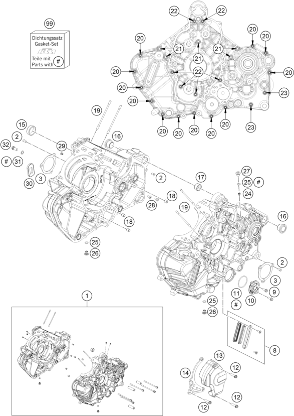 Sprängskiss: Engine Case – KTM KTMR2R 1290 SUPER DUKE R, orange 2021