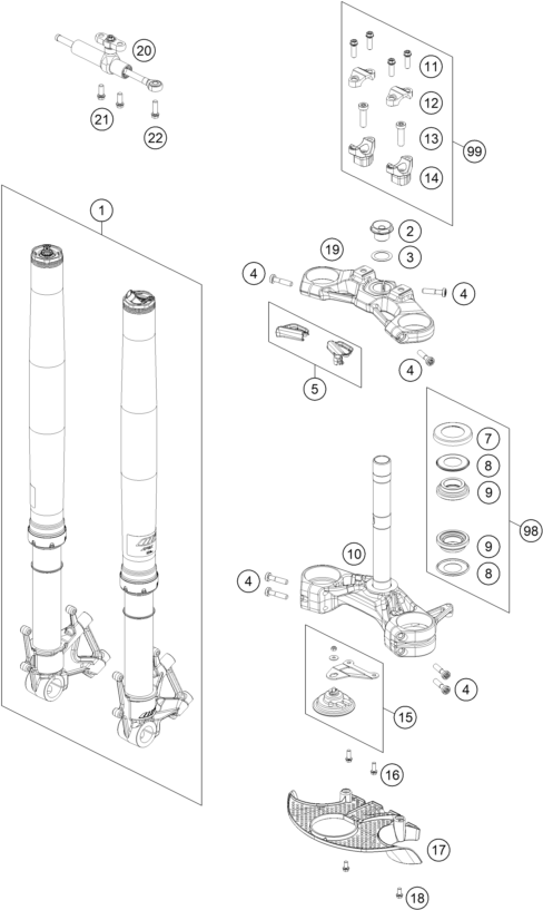 Sprängskiss: Front Fork, Triple Clamp – KTM KTMR2R 1290 S ADVENTURE S, grey 2023