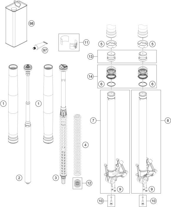Sprängskiss: Front Fork Disassembled – KTM KTMR2R 1290 S ADVENTURE S, grey 2023