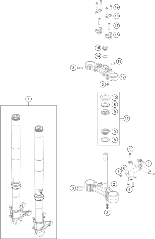 Sprängskiss: Front Fork, Triple Clamp – KTM 890 DUKE GP, orange 2022