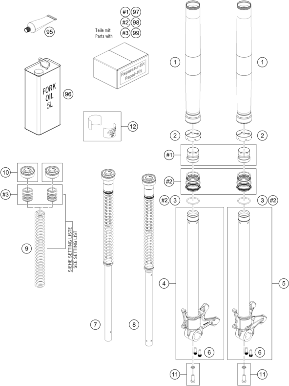 Sprängskiss: Front Fork Disassembled – KTM 890 DUKE GP, orange 2022