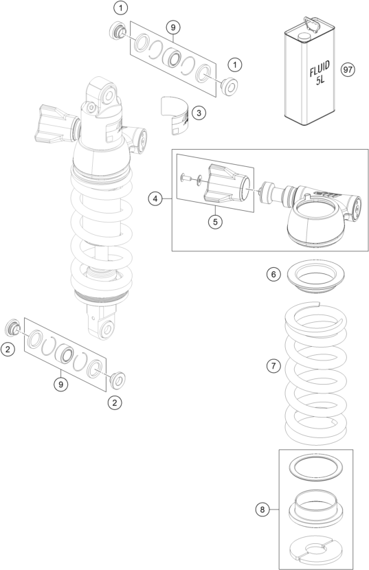 Sprängskiss: Shock Absorber Disassembled – KTM 890 ADVENTURE, orange 2022