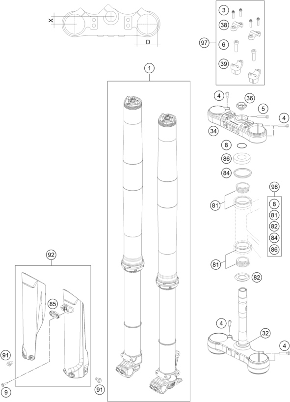 Sprängskiss: Front Fork, Triple Clamp – KTM 350 XCF-W 2021