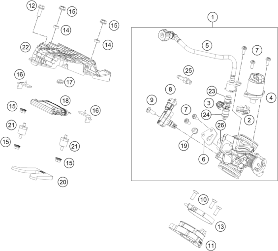Sprängskiss: Throttle Body – KTM 125 DUKE, silver - B.D. 2021