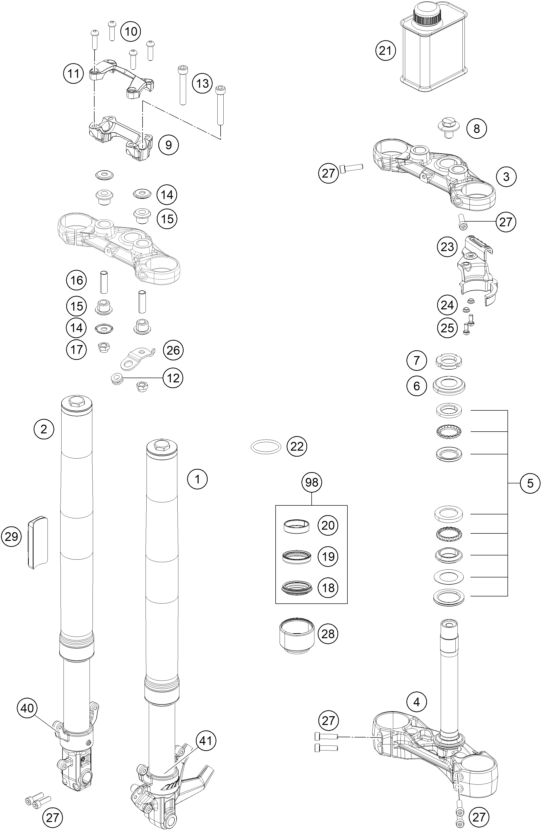 Sprängskiss: Front Fork, Triple Clamp – KTM 200 DUKE, white B.D. 2022