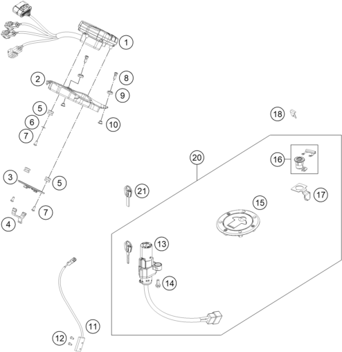 Sprängskiss: Instruments / Lock System – KTM 200 DUKE, orange, w/o ABS - CKD 2021