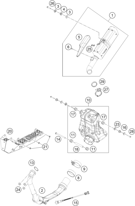 Sprängskiss: Exhaust System – KTM 390 DUKE, silver - B.D. 2021