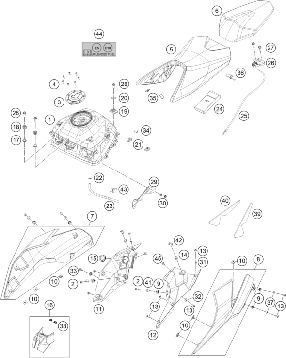 Sprängskiss: Tank, Seat – KTM 125 DUKE, silver - B.D. 2021