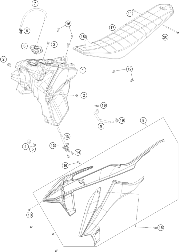 Sprängskiss: Tank, Seat – KTM 125 XC 2022