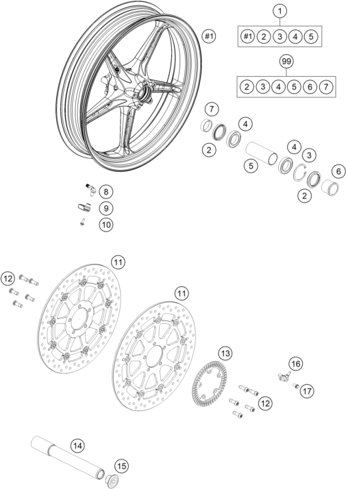 Sprängskiss: Front Wheel – KTM KTMR2R 1290 SUPER DUKE R, orange 2023