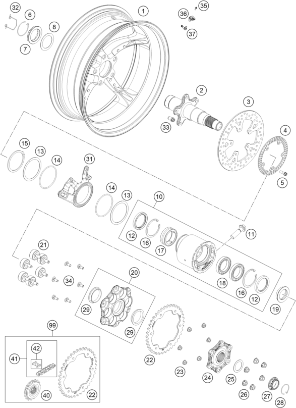 Sprängskiss: Rear Wheel – KTM KTMR2R 1290 SUPER DUKE R, orange 2023