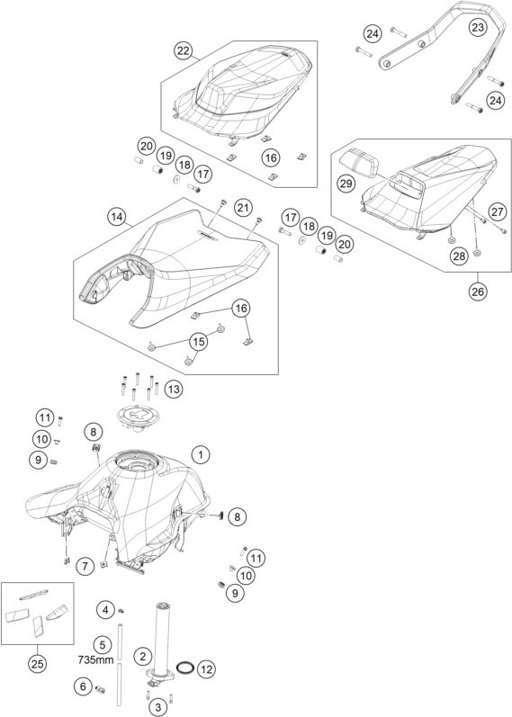 Sprängskiss: Tank, Seat – KTM 890 DUKE GP, orange 2022
