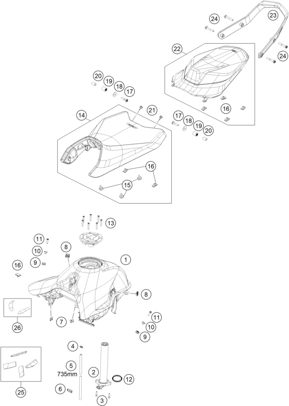 Sprängskiss: Tank, Seat – KTM 790 DUKE, black - D.D. 2026