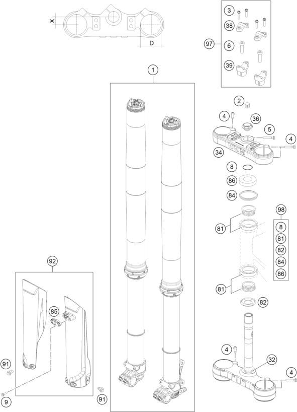 Sprängskiss: Front Fork, Triple Clamp – KTM 350 XCF-W 2022