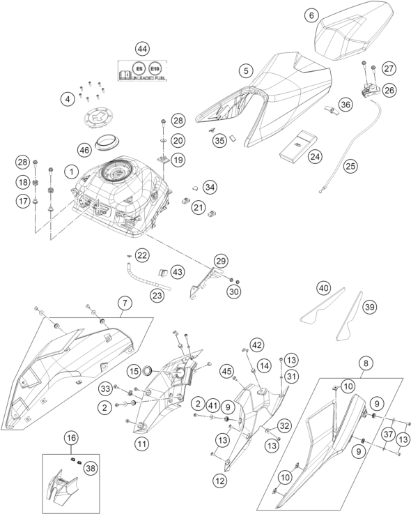 Sprängskiss: Tank, Seat – KTM 200 DUKE, grey 2023