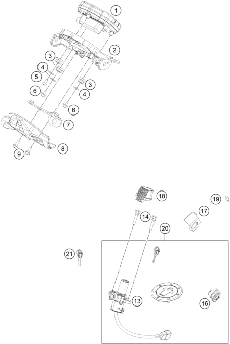 Sprängskiss: Instruments / Lock System – KTM 200 DUKE, grey 2023