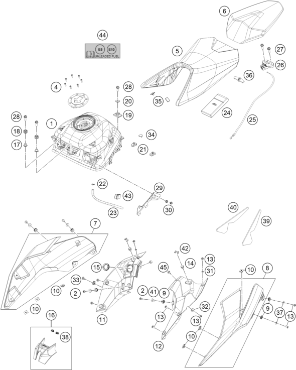 Sprängskiss: Tank, Seat – KTM 250 DUKE, silver - B.D. LS 2022