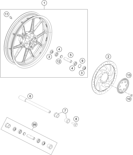 Sprängskiss: Front Wheel – KTM 390 DUKE, silver - B.D. 2022