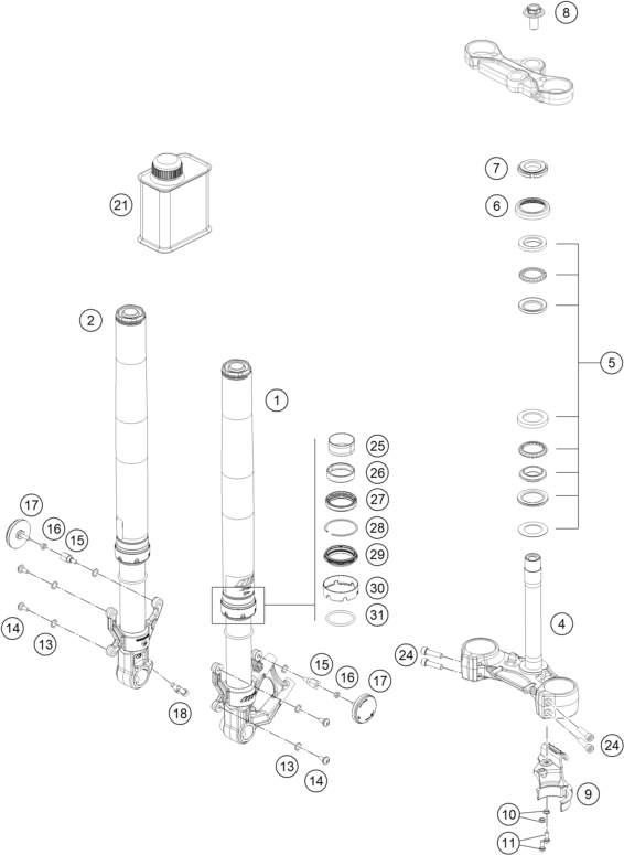 Sprängskiss: Front Fork, Triple Clamp – KTM RC 125, white - B.D. 2023