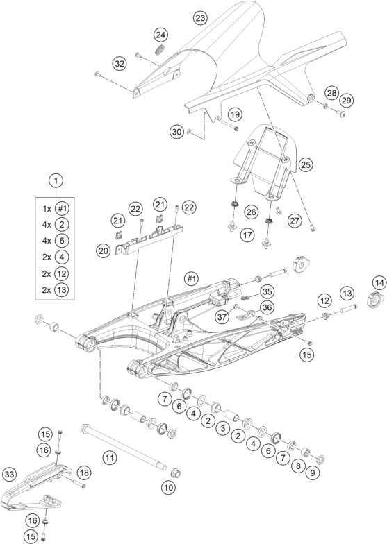 Sprängskiss: Swing Arm – KTM RC 125, white - B.D. 2023