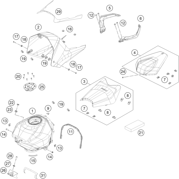 Sprängskiss: Tank, Seat – KTM RC 200, black ABS - B.D. 2022