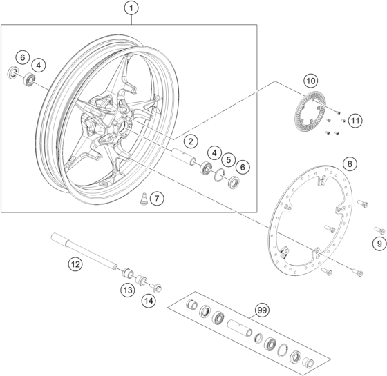 Sprängskiss: Front Wheel – KTM RC 125, white - B.D. 2023