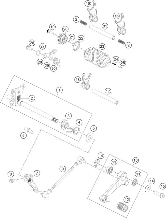 Sprängskiss: Shifting Mechanism – KTM RC 125, white - B.D. 2023