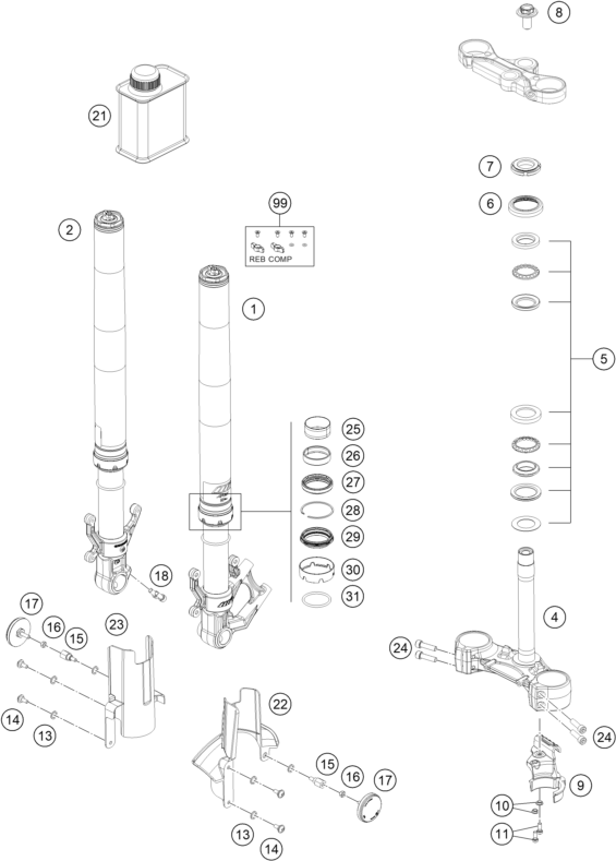 Sprängskiss: Front Fork, Triple Clamp – KTM RC 390, blue - B.D. 2024