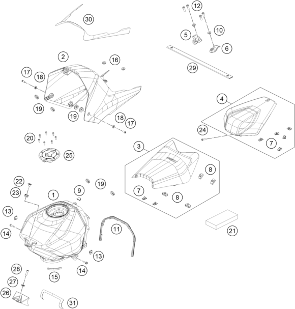 Sprängskiss: Tank, Seat – KTM RC 125, white - B.D. 2023