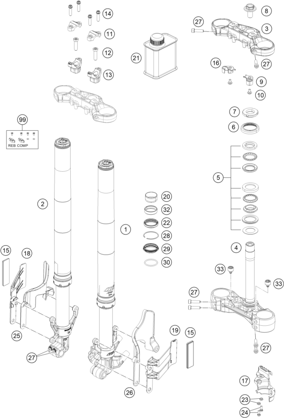 Sprängskiss: Front Fork, Triple Clamp – KTM 390 ADVENTURE, black 2022