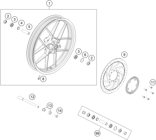 Sprängskiss: Front Wheel – KTM 390 ADVENTURE, white - CKD