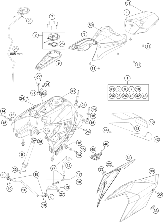 Sprängskiss: Tank, Seat – KTM KTMR2R 1290 SUPER DUKE GT, orange 2022