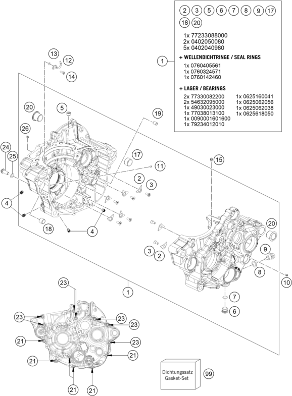Sprängskiss: Engine Case – KTM 250 XC-F 2026