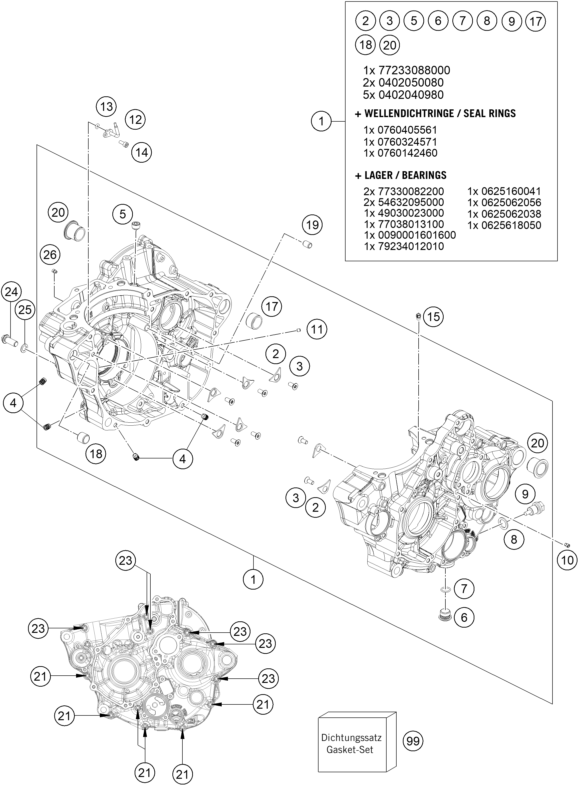 Sprängskiss: Engine Case – KTM 350 EXC-F 6DAYS 2026