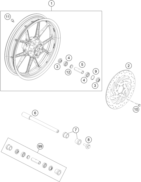 Sprängskiss: Front Wheel – KTM 200 DUKE, orange, w/o ABS - CKD 2023