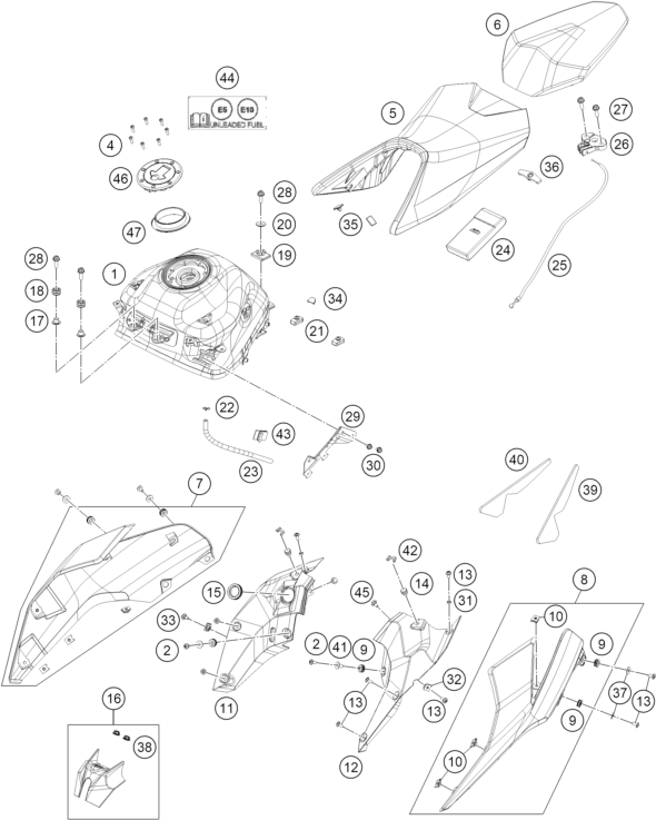 Sprängskiss: Tank, Seat – KTM 200 DUKE, orange, w/o ABS - CKD 2023