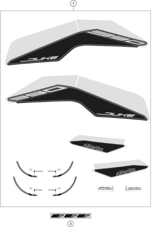 Sprängskiss: Decal – KTM KTMR2R 390 DUKE, black, w/o DRL 2023