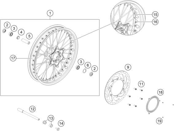 Sprängskiss: Front Wheel – KTM 390 ADVENTURE SPOKE W IKD, orange 2023