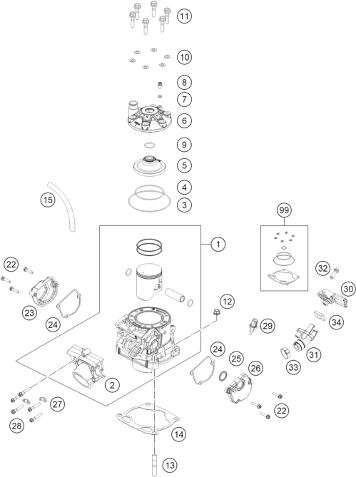Sprängskiss: Cylinder, Cylinder Head – KTM 250 XC 2023
