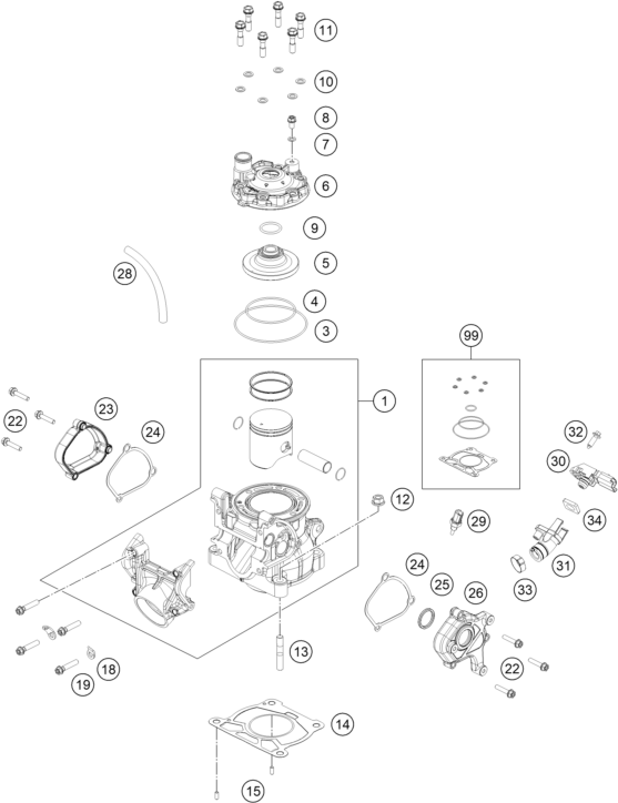 Sprängskiss: Cylinder, Cylinder Head – KTM 125 XC 2023