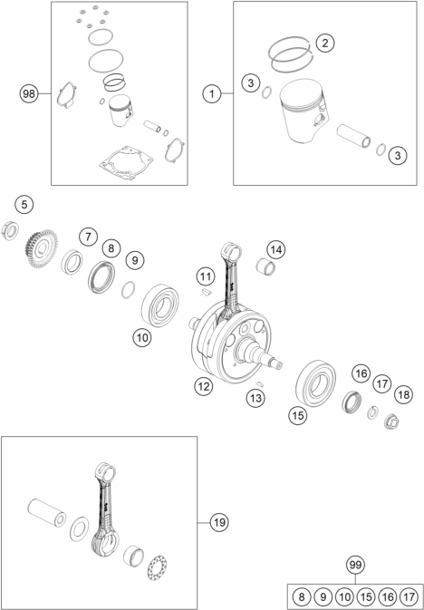 Sprängskiss: Crankshaft, Piston – KTM 250 SX 2026