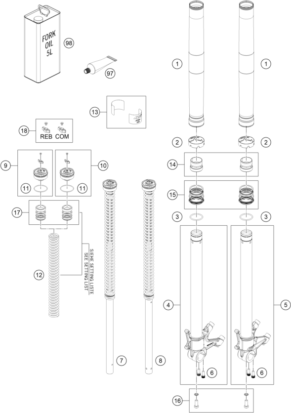 Sprängskiss: Front Fork Disassembled – KTM 790 ADVENTURE, orange - D.D. 2026