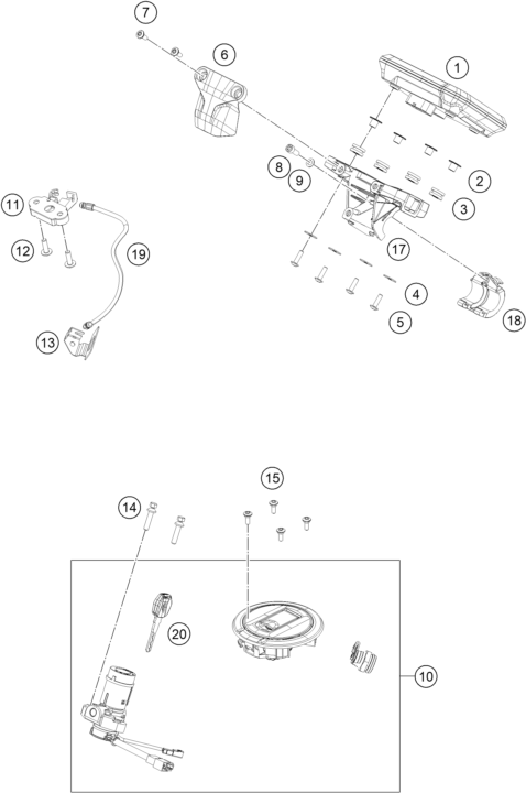 Sprängskiss: Instruments / Lock System – KTM 250 DUKE, white CKD 2024