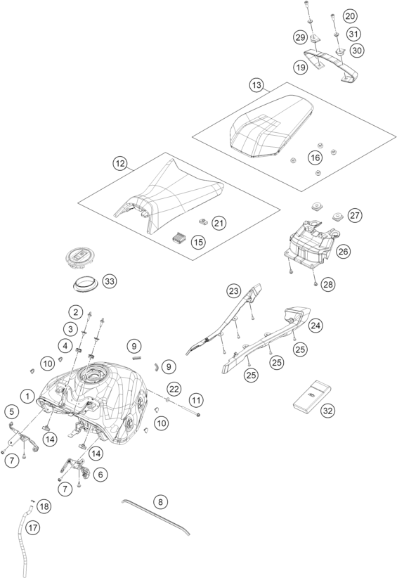 Sprängskiss: Tank, Seat – KTM 390 DUKE, orange 2024