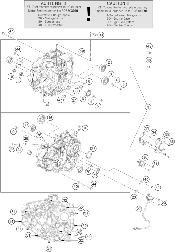 Sprängskiss: Engine Case – KTM 390 DUKE, orange 2024