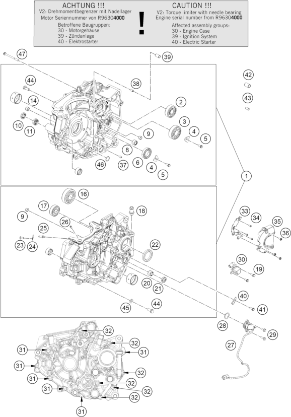 Sprängskiss: Engine Case – KTM 390 DUKE, orange 2024