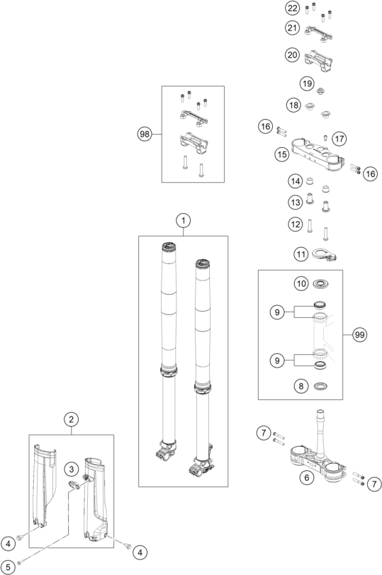 Sprängskiss: Front Fork, Triple Clamp – KTM 250 XC-W CNC 2024