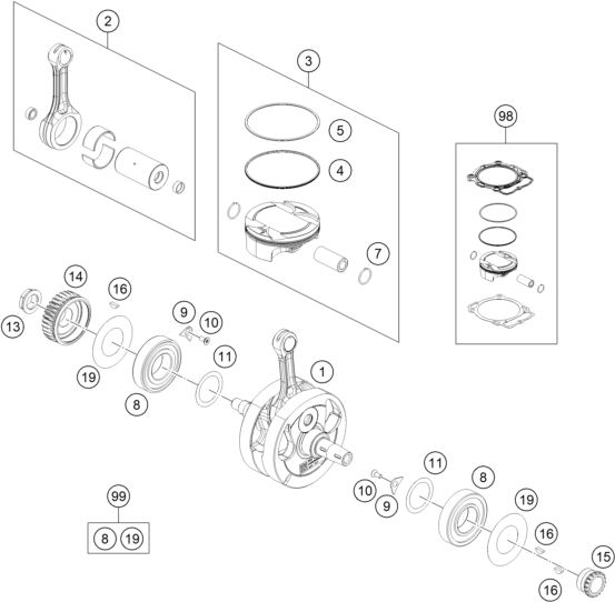 Sprängskiss: Crankshaft, Piston – KTM 450 XCF-W 2026