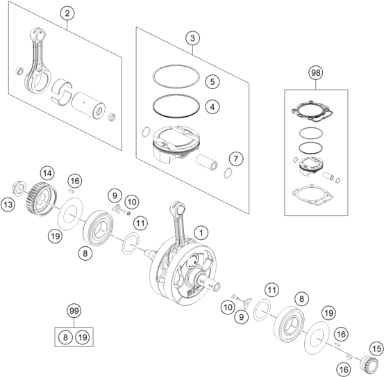 Sprängskiss: Crankshaft, Piston – KTM 500 EXC-F 2026