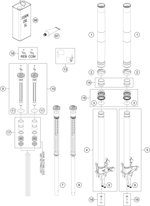 Sprängskiss: Front Fork Disassembled – KTM 990 DUKE 2026